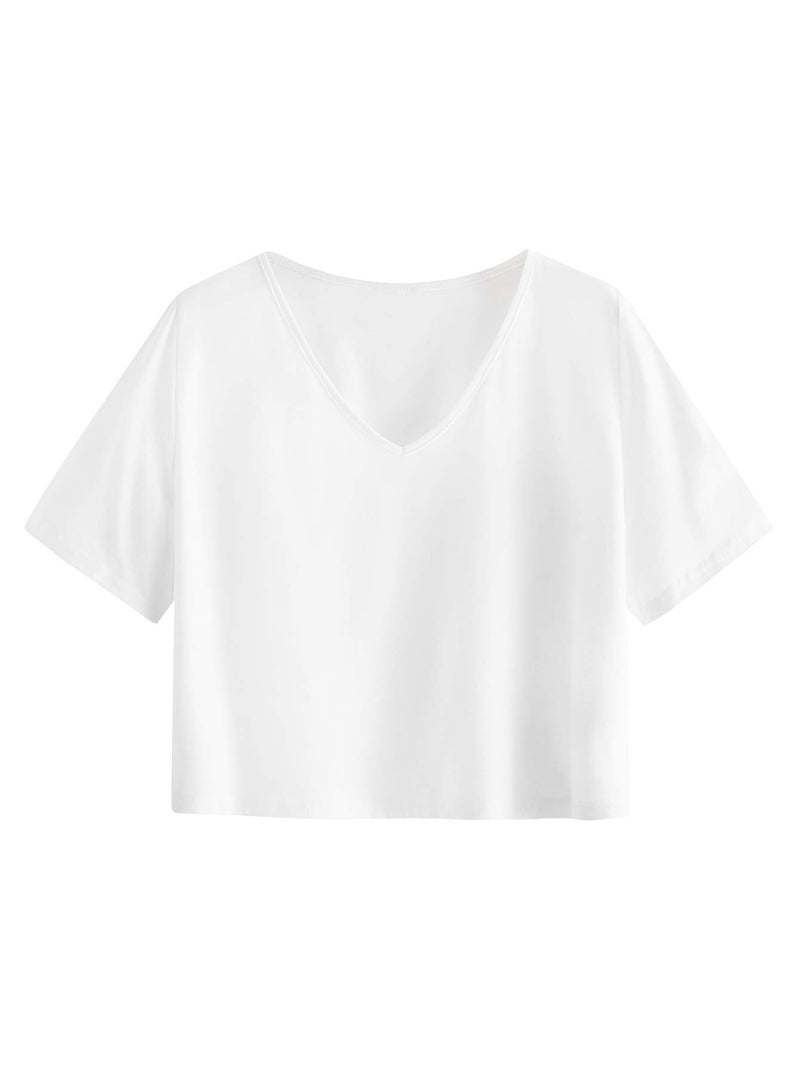 SweatyRocks Women's Casual V Neck Short Sleeve Basic Solid Crop Top T-Shirt White L - Image 1
